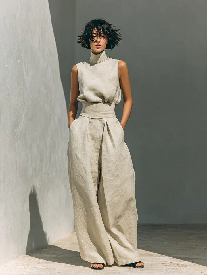 Amélie™ | Minimalist Cotton-Linen Blouse &amp; Wide-Leg Pants Set