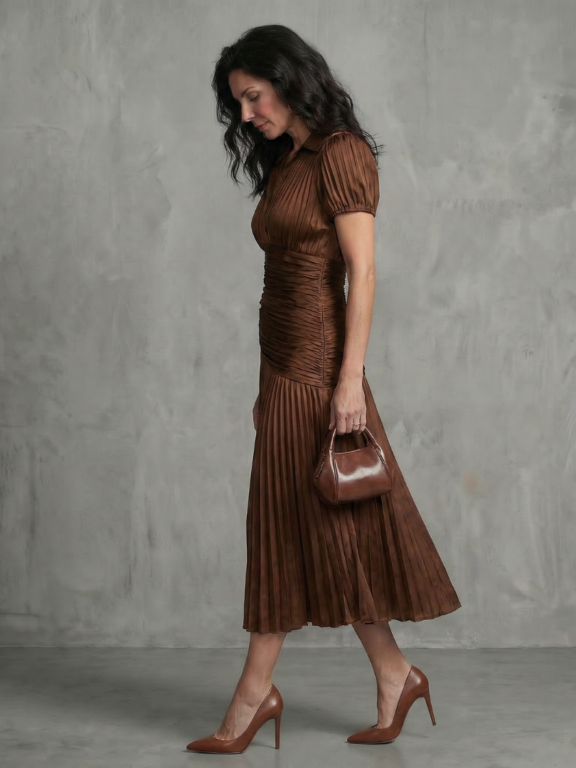 Theodora™ | Pleated Waistline Stripe Midi Dress