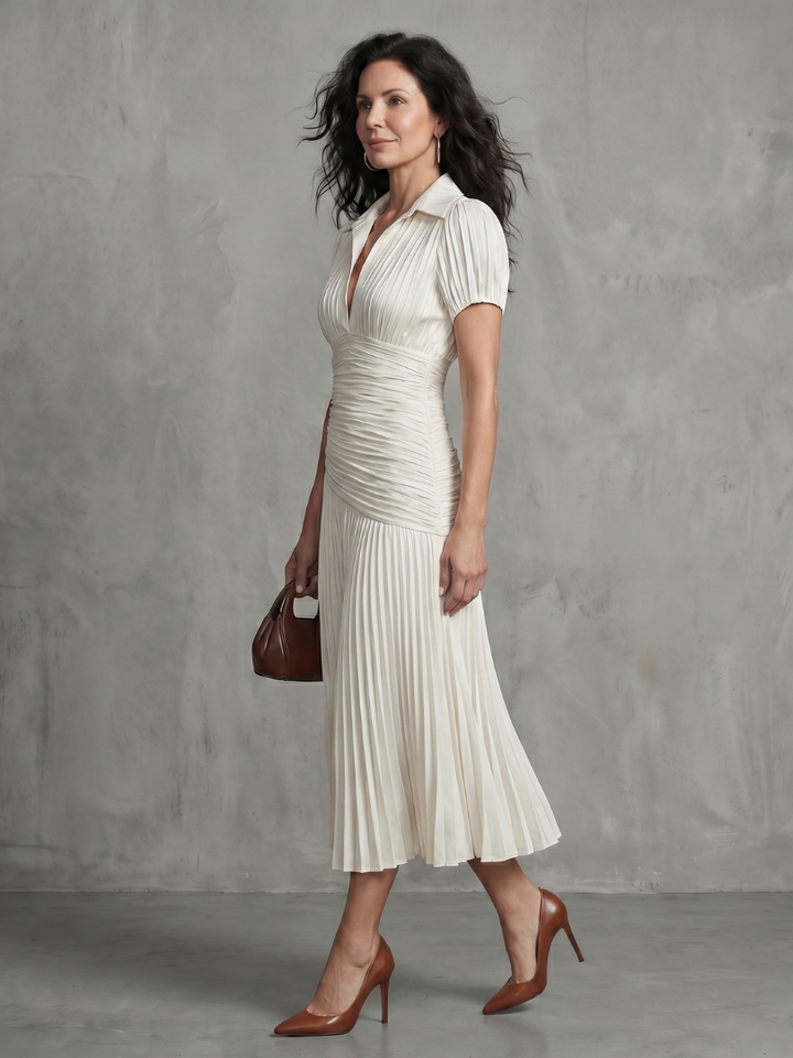 Theodora™ | Pleated Waistline Stripe Midi Dress