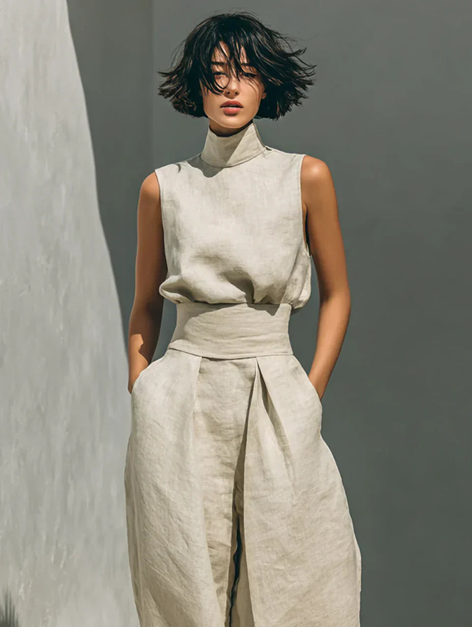 Amélie™ | Minimalist Cotton-Linen Blouse &amp; Wide-Leg Pants Set