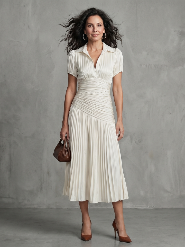 Theodora™ | Pleated Waistline Stripe Midi Dress