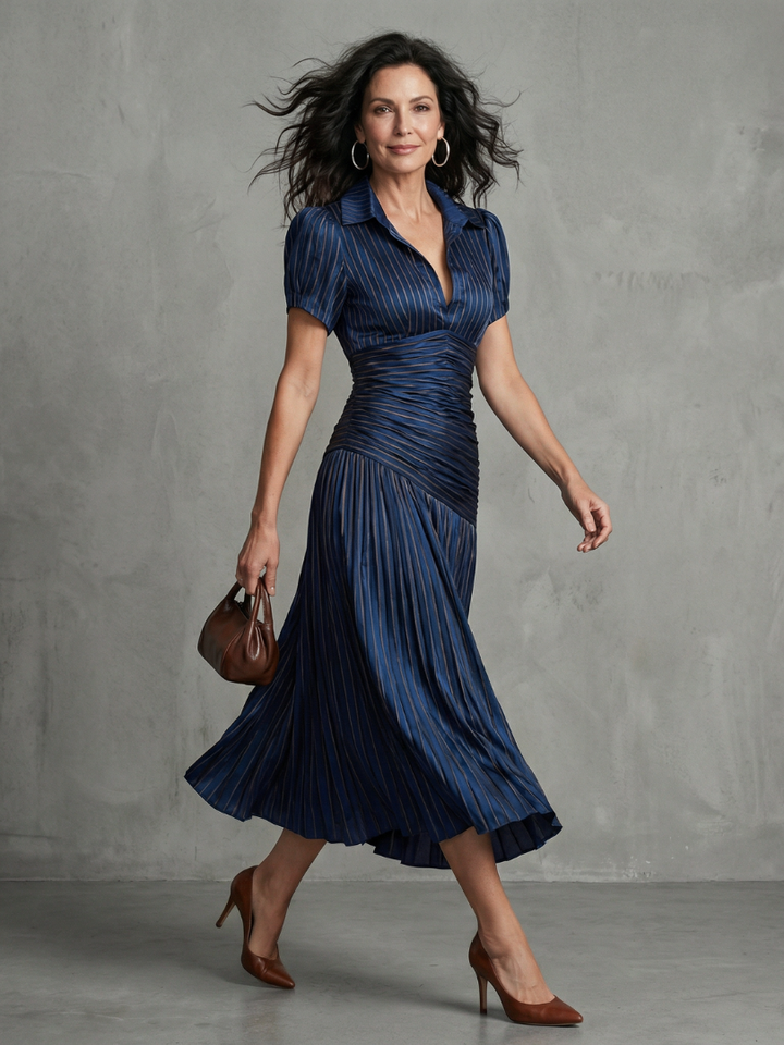 Theodora™ | Pleated Waistline Stripe Midi Dress