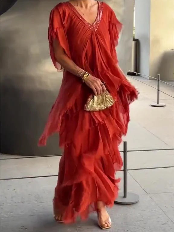 Ruffled V-Neck Maxi Dress