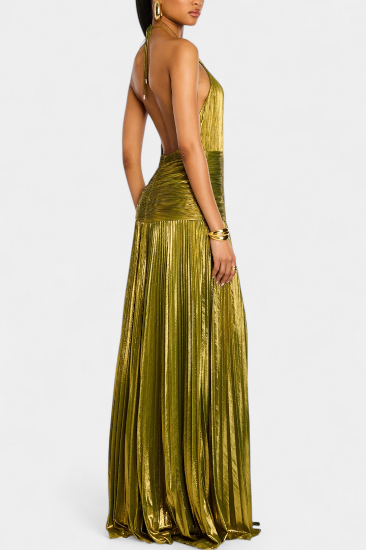 Emma™ | Metallic Open-Back Halter Dress