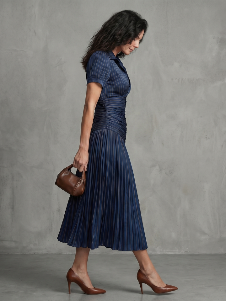 Theodora™ | Pleated Waistline Stripe Midi Dress