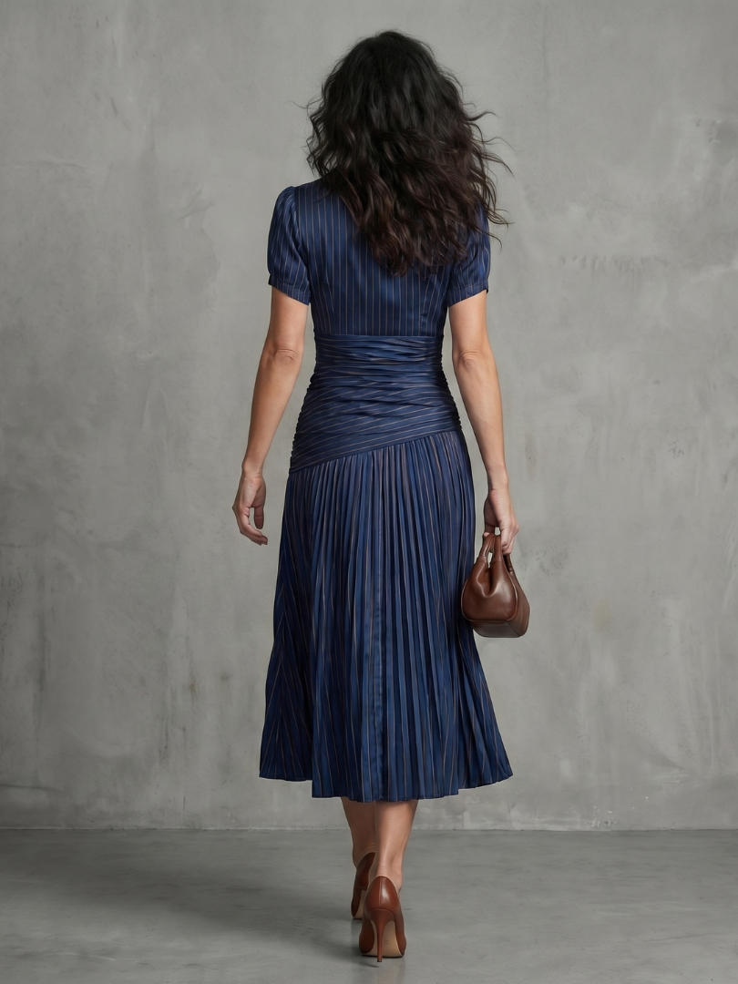 Theodora™ | Pleated Waistline Stripe Midi Dress