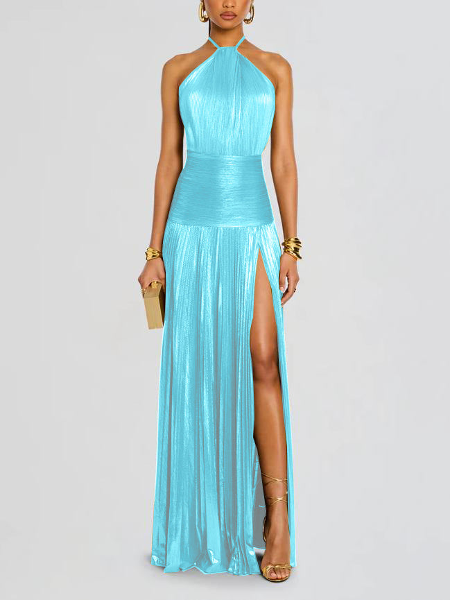 Maricel - Metallic Plissé Halter Gown