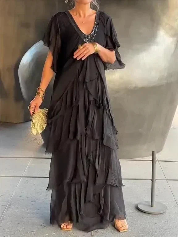 Ruffled V-Neck Maxi Dress