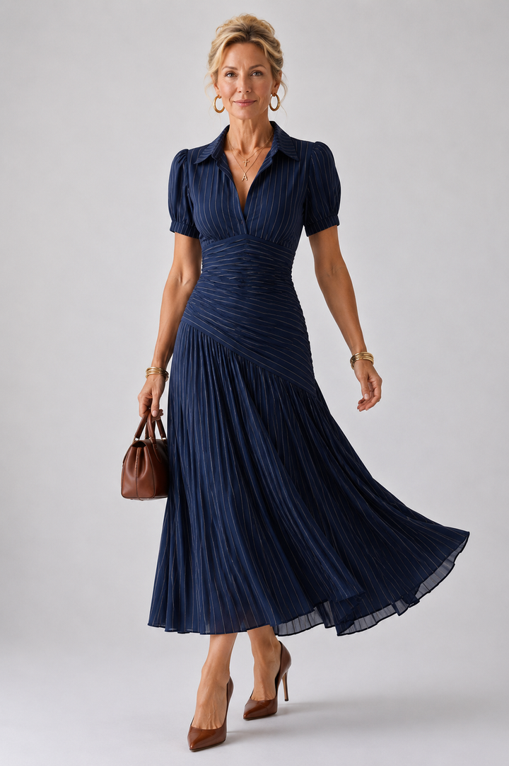 Theodora™ | Pleated Waistline Stripe Midi Dress