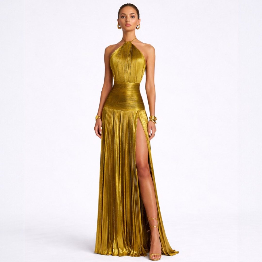 Emma™ | Metallic Open-Back Halter Dress