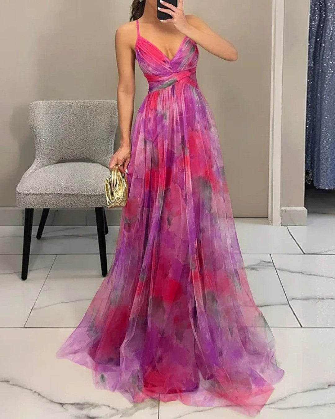 Marielle™ | Watercolor Floral Tulle Maxi Dress