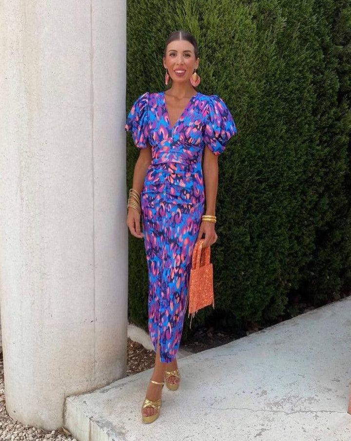 Loren - Vibrant Midi Dress with Puff Sleeves