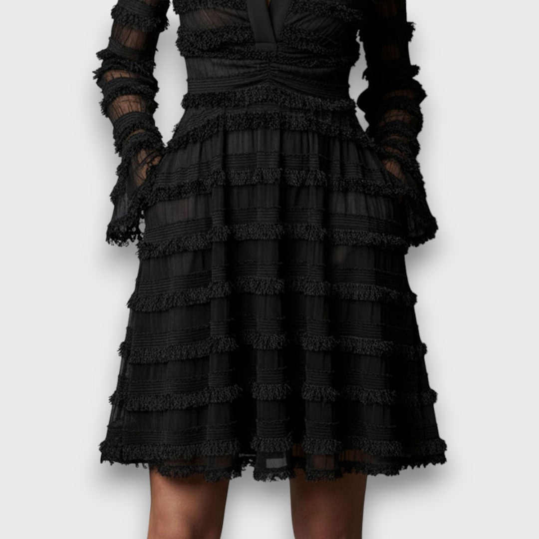 Parisa | Black Midi Dress with Sheer Fringe