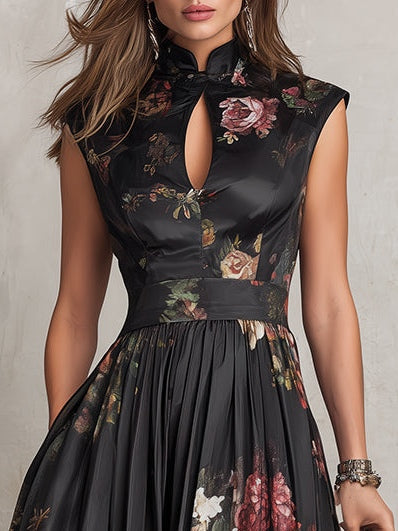 Dunora™ | Floral Pleated Satin Midi Dress