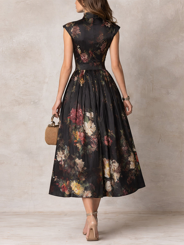 Dunora™ | Floral Pleated Satin Midi Dress