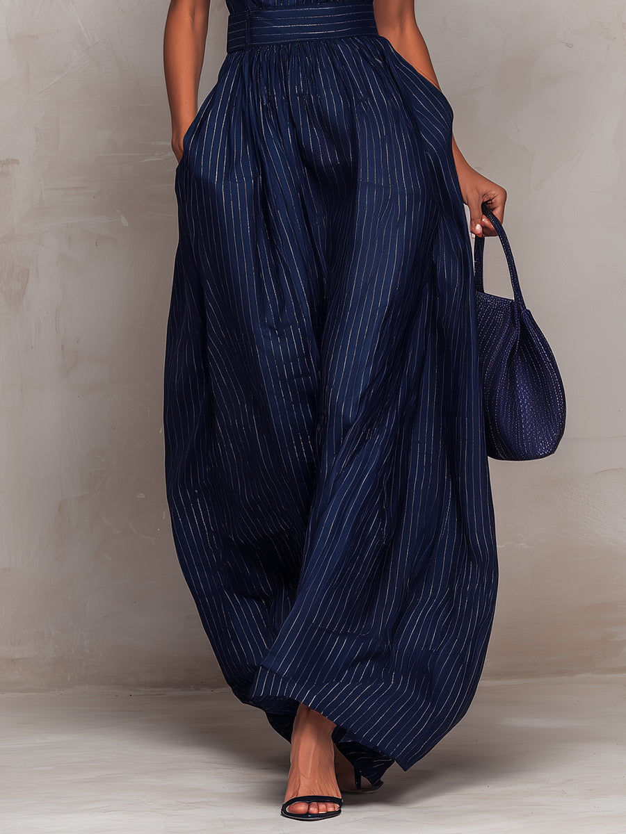 Olga™ | Dark Blue Striped Keyhole Wide-Leg Set