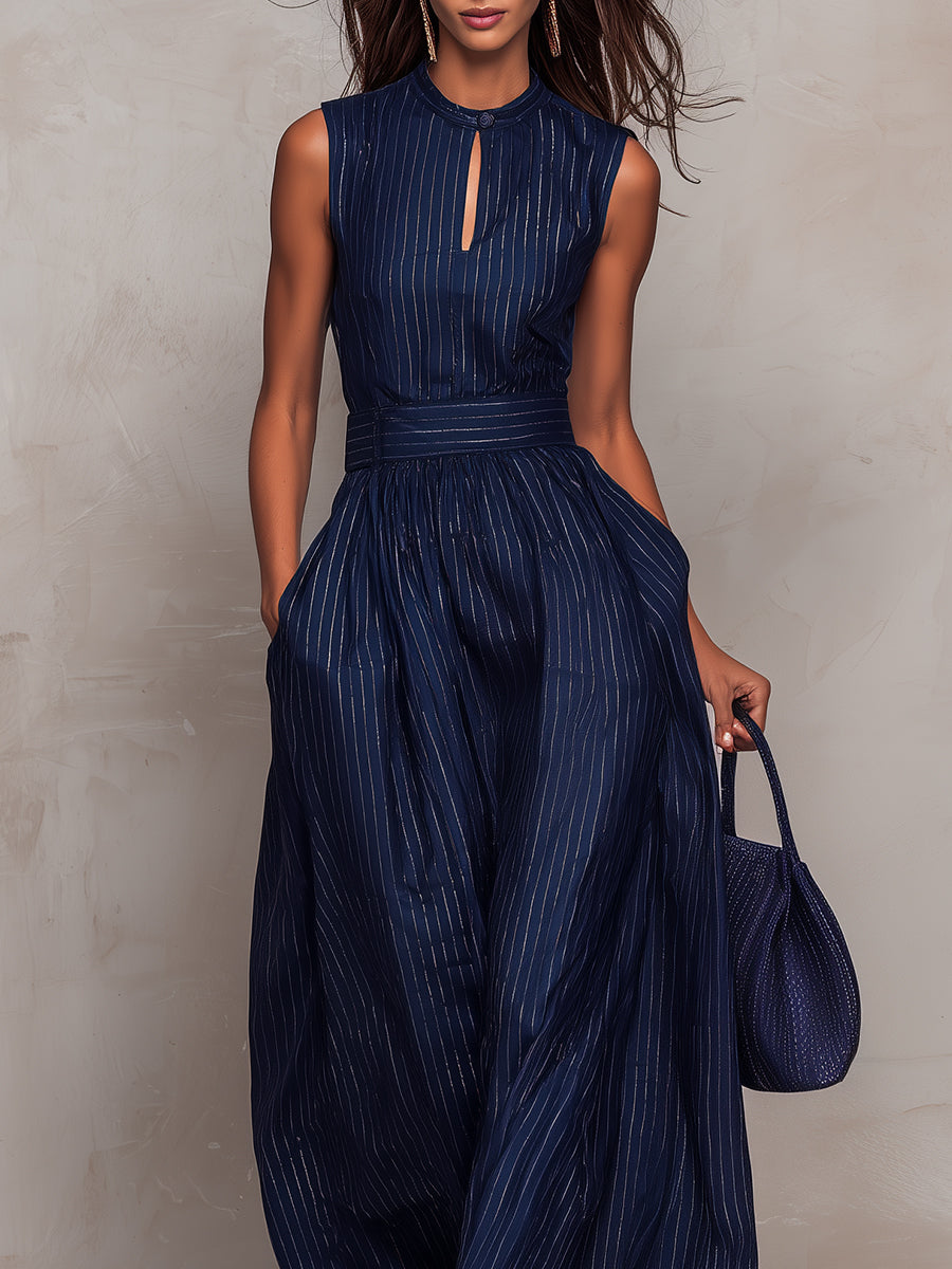 Olga™ | Dark Blue Striped Keyhole Wide-Leg Set