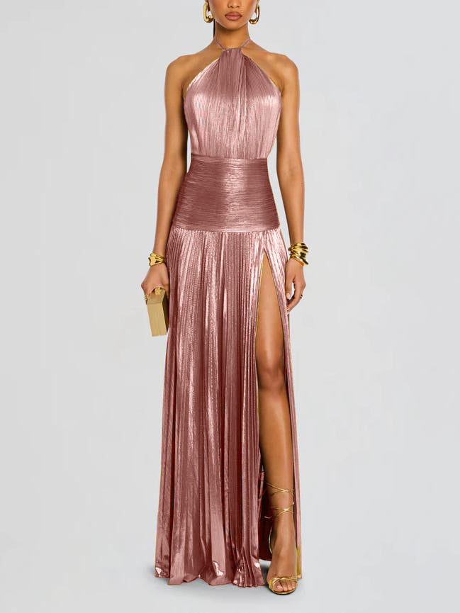Maricel - Metallic Plissé Halter Gown