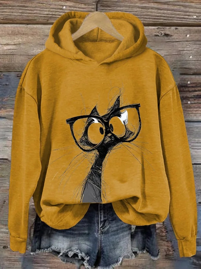 Women's Artistic Hand-Painted Animal Cat Print Hoodie