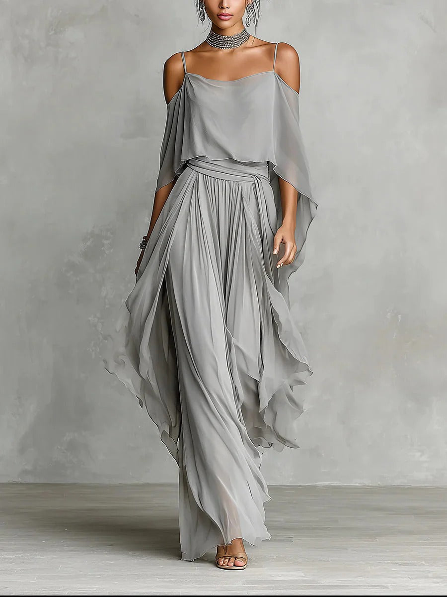 Isabela™ | Grey Flowing Strap Top Lightweight Pants Set