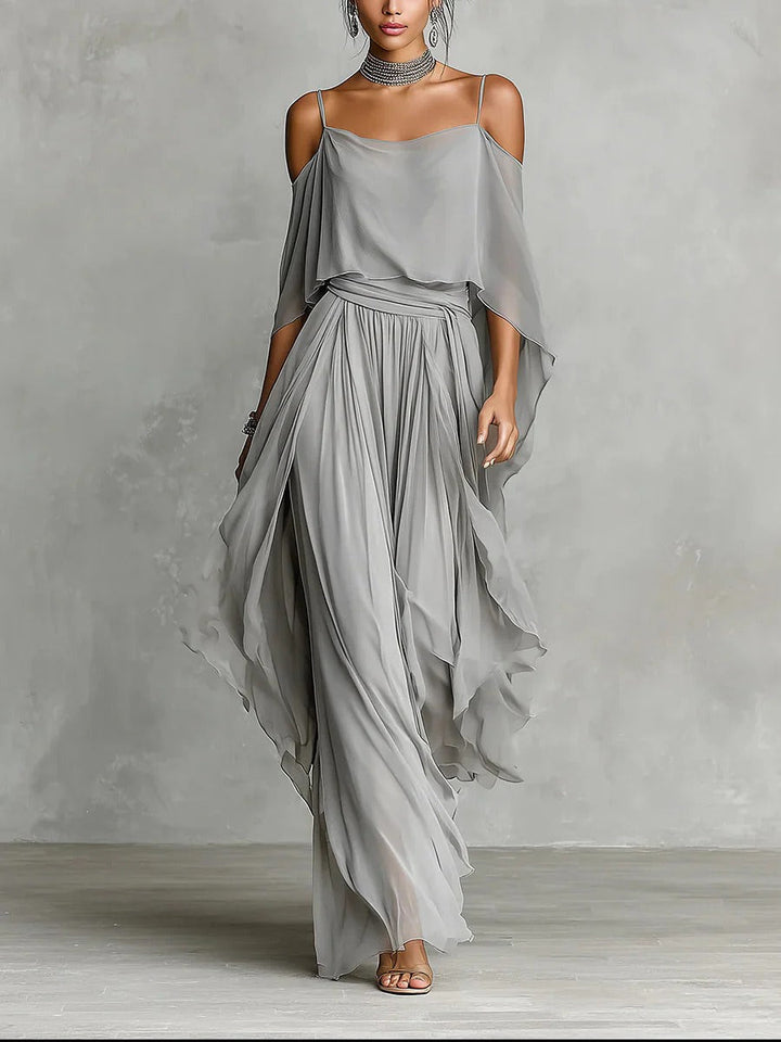 Isabela™ | Grey Flowing Strap Top Lightweight Pants Set