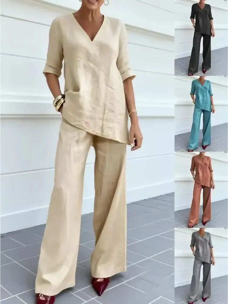 Céline™ | Mid-Sleeve Top &amp; Straight Pants Set
