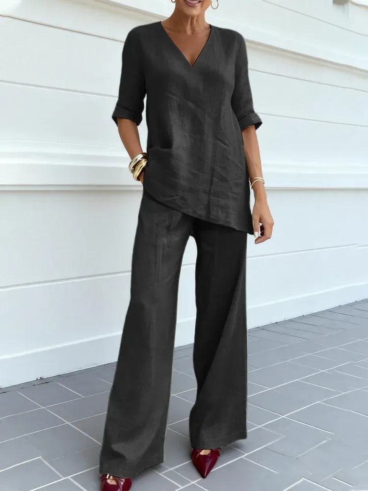 Céline™ | Mid-Sleeve Top &amp; Straight Pants Set