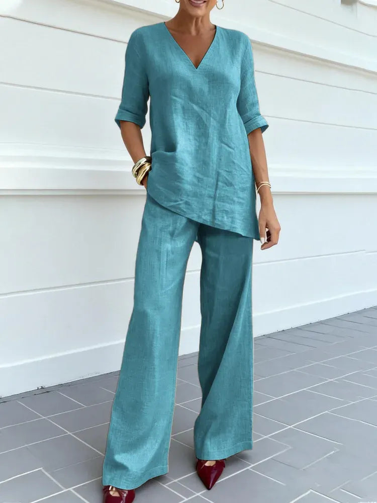 Céline™ | Mid-Sleeve Top &amp; Straight Pants Set