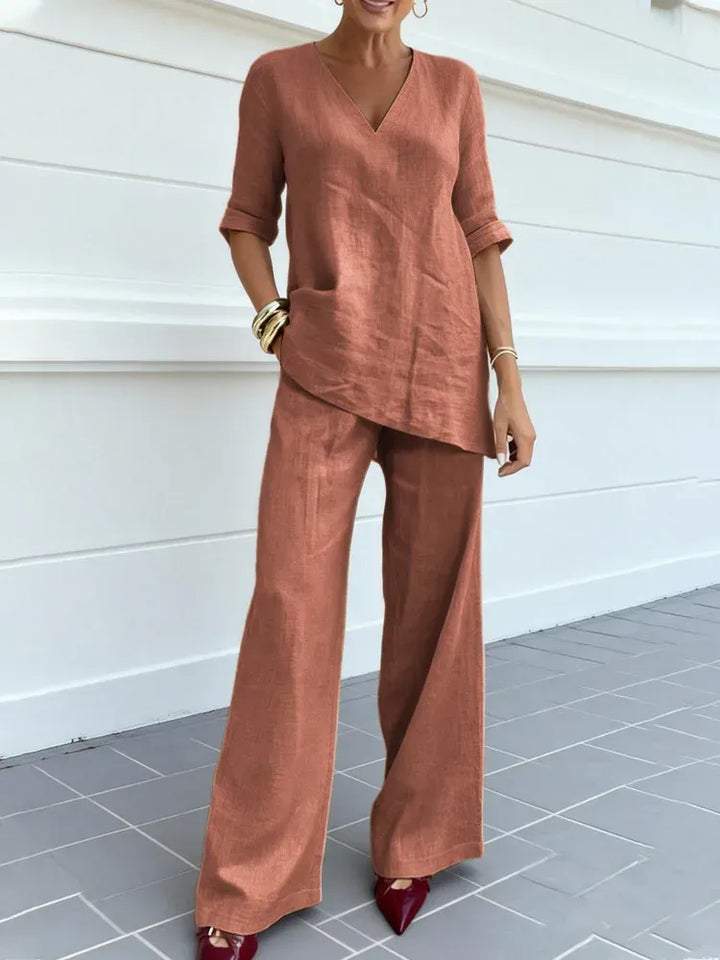 Céline™ | Mid-Sleeve Top &amp; Straight Pants Set