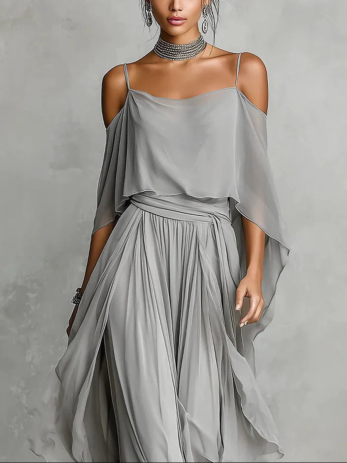 Isabela™ | Grey Flowing Strap Top Lightweight Pants Set