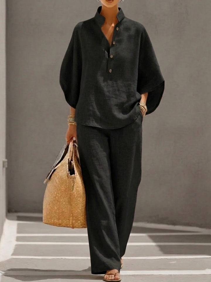 Lorena™ | Cotton-Linen Batwing Sleeve &amp; Loose Pants Set
