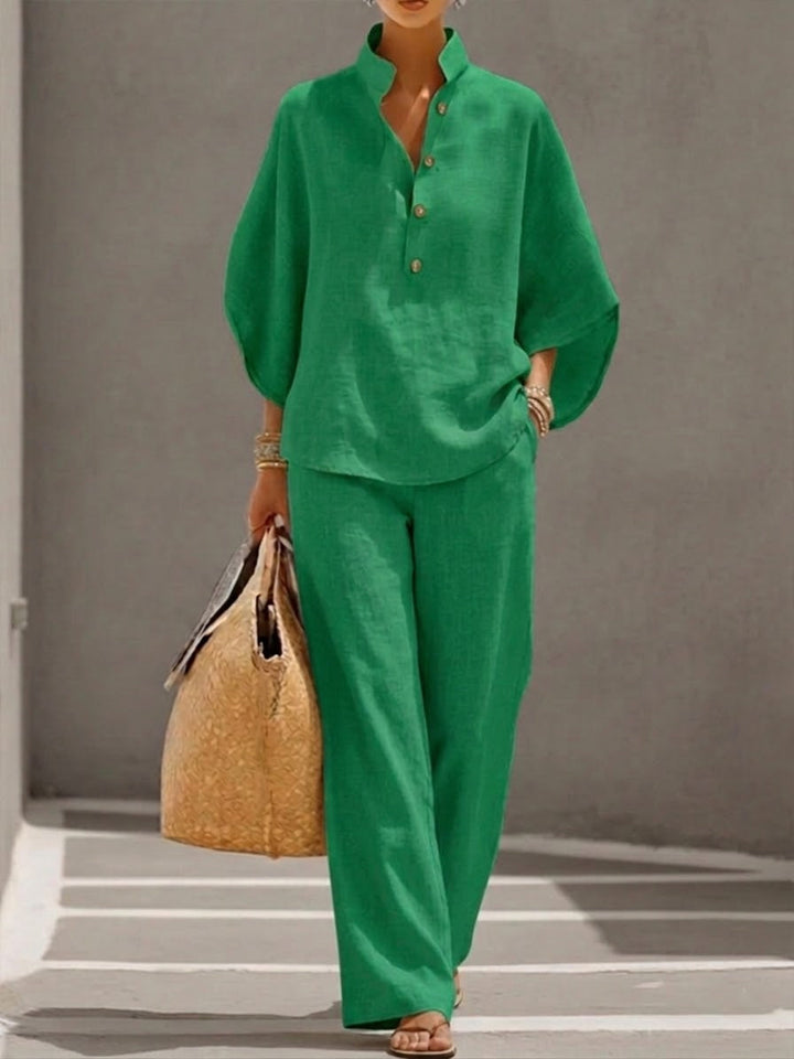 Lorena™ | Cotton-Linen Batwing Sleeve &amp; Loose Pants Set