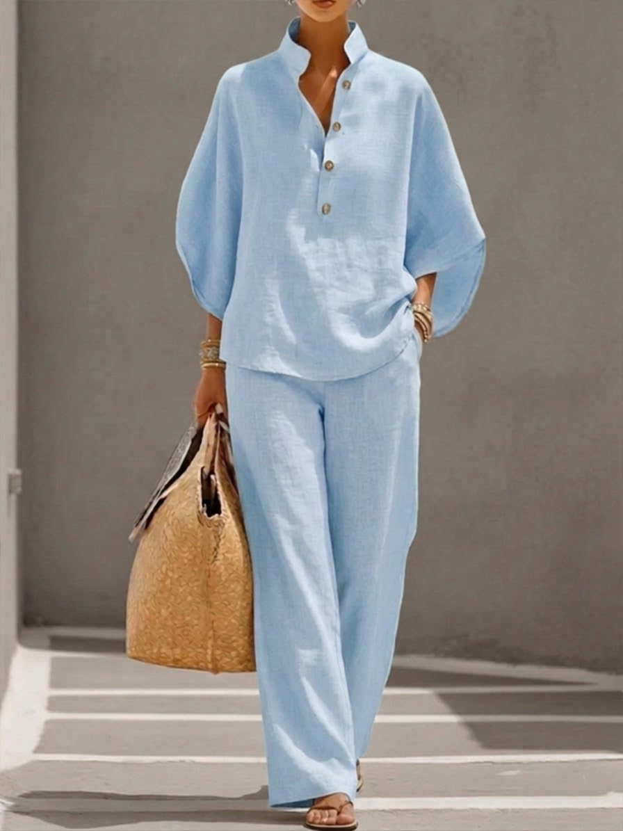 Lorena™ | Cotton-Linen Batwing Sleeve &amp; Loose Pants Set