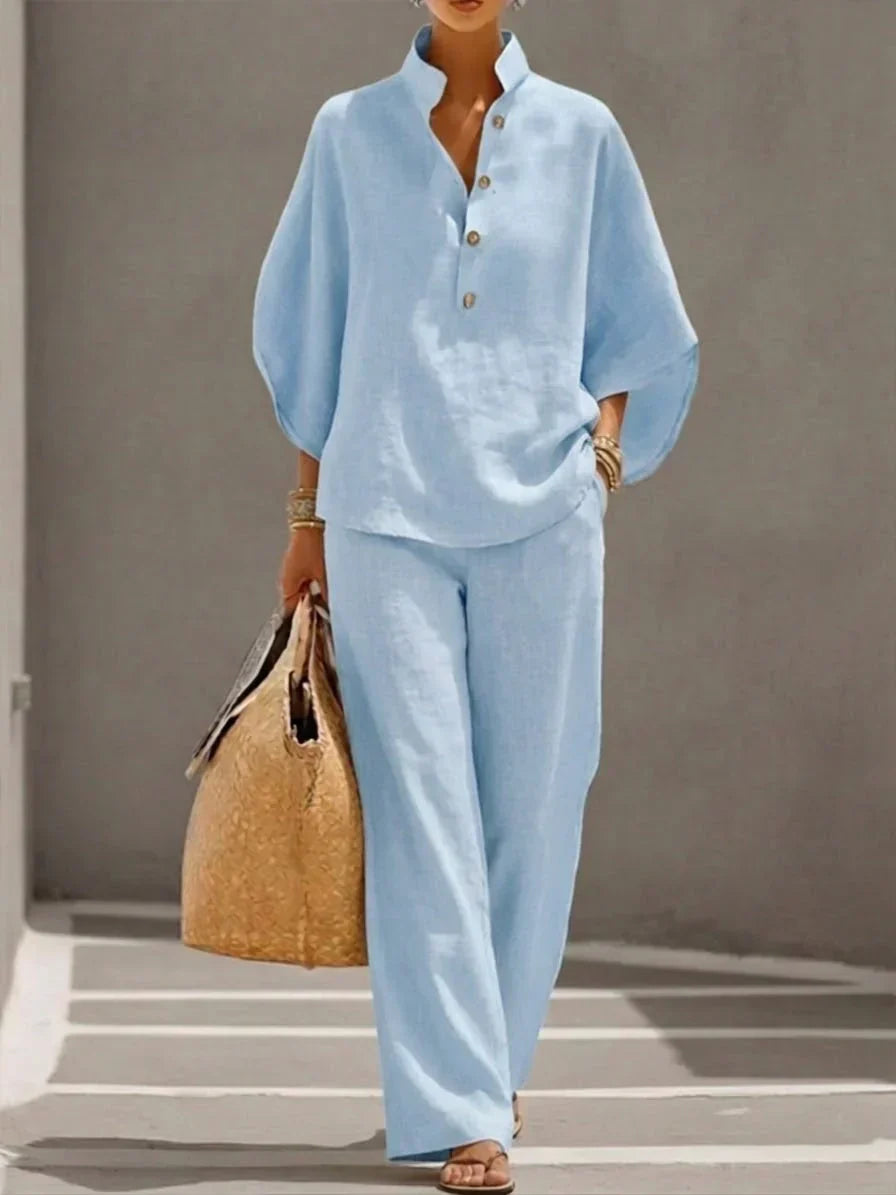 Camille™ | Linen Batwing Sleeve &amp; Wide-Leg Pants Set