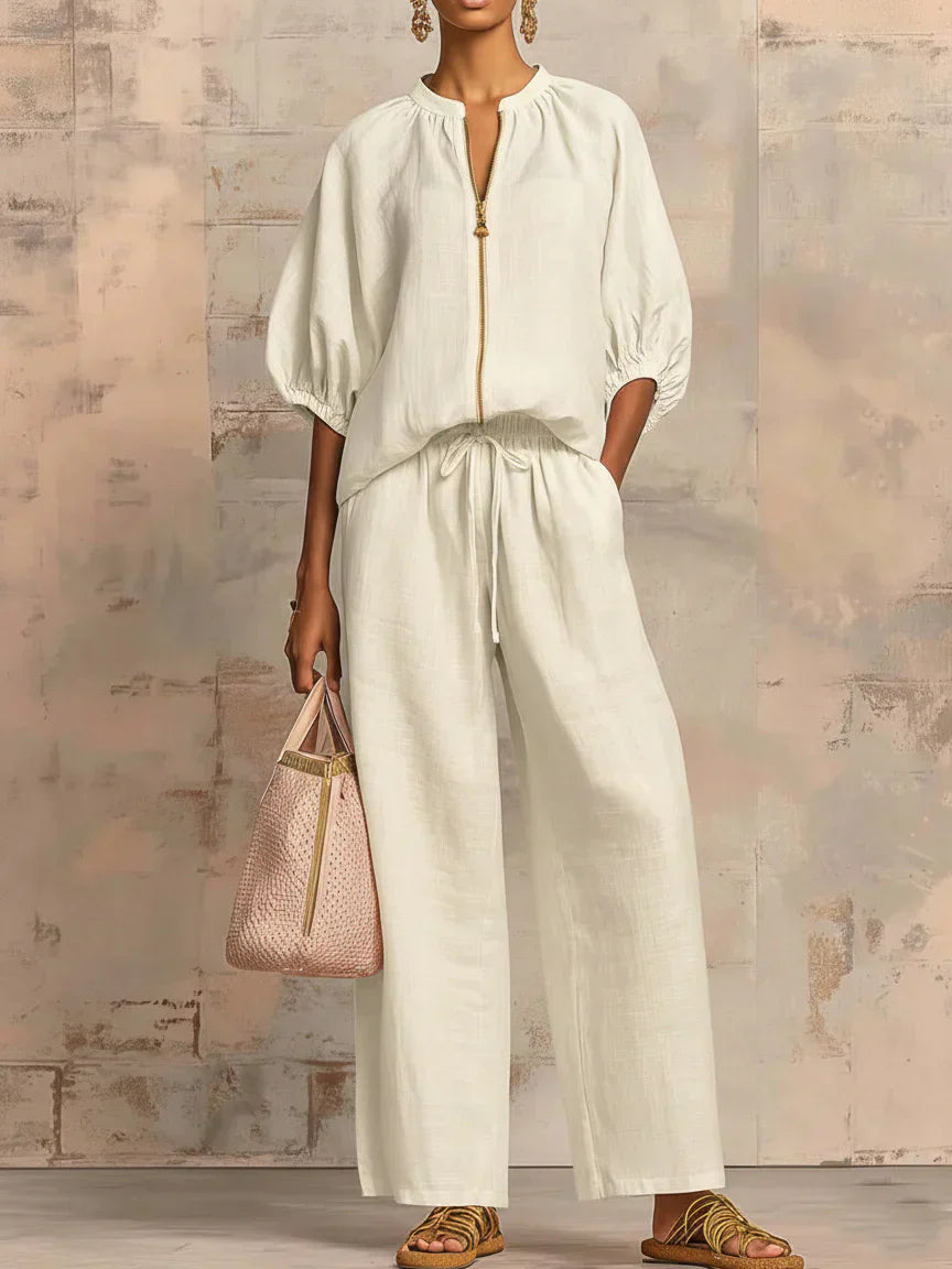 Colette™ | Linen-Cotton Shirt &amp; Wide-Leg Pants Set