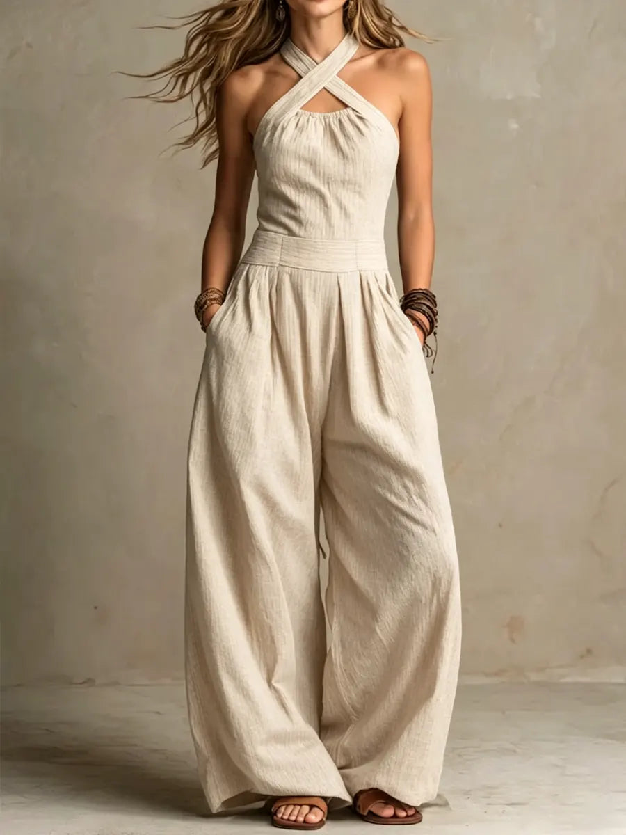 Bianca™ | Elegant Cross-Over Linen-Cotton Jumpsuit
