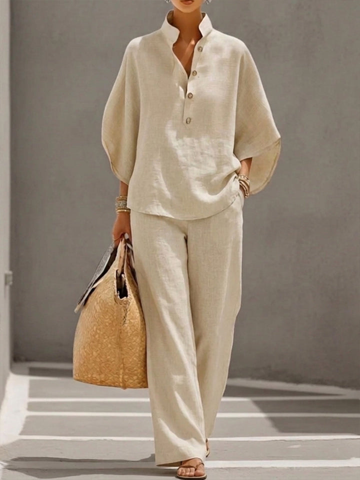 Lorena™ | Cotton-Linen Batwing Sleeve &amp; Loose Pants Set
