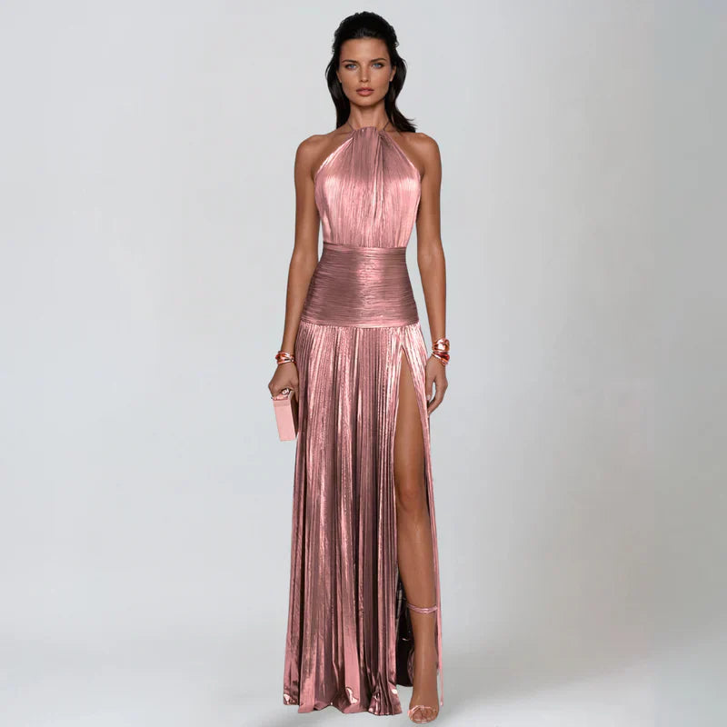 Emma™ | Metallic Open-Back Halter Dress