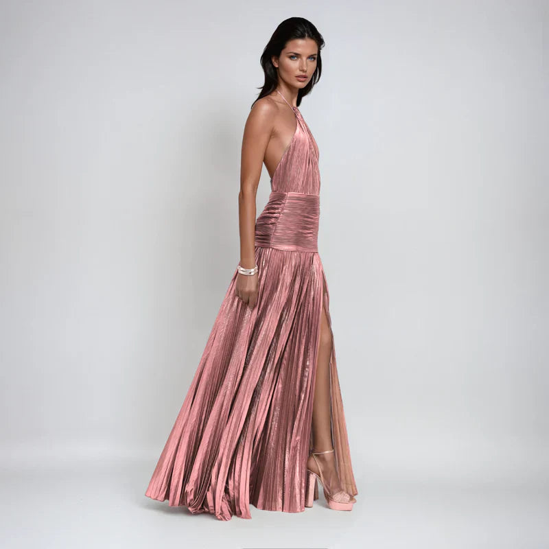 Emma™ | Metallic Open-Back Halter Dress