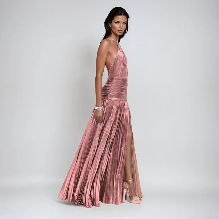 Emma™ | Metallic Open-Back Halter Dress