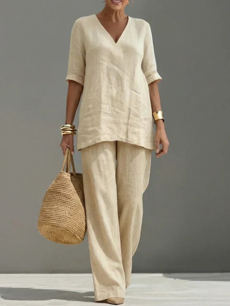 Céline™ | Mid-Sleeve Top &amp; Straight Pants Set